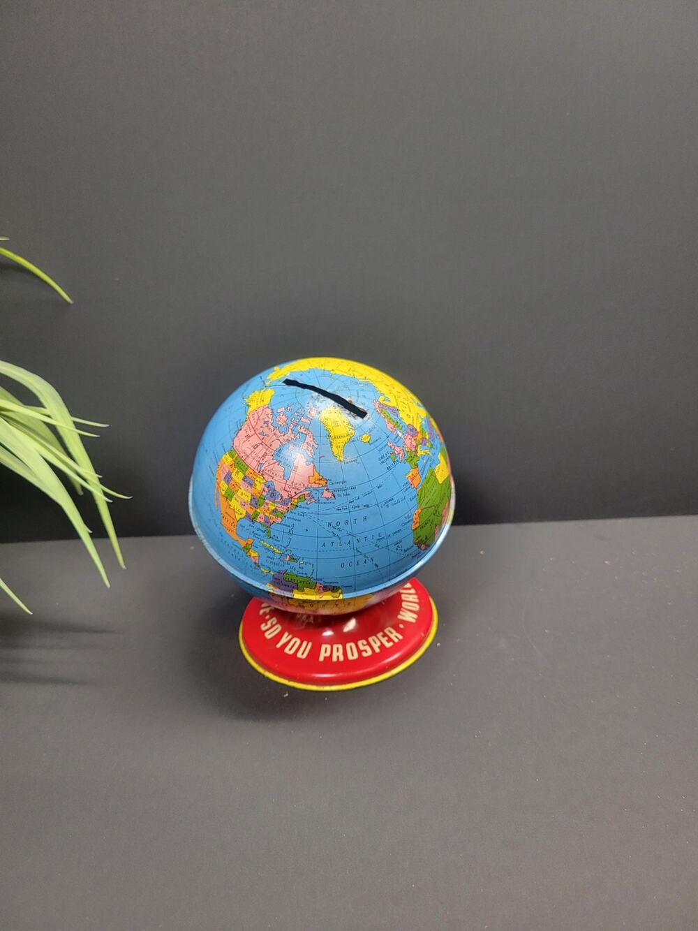 Vintage World Bank Globe Tin Litho Ohio Art Coin Mid Century Retro Red Base